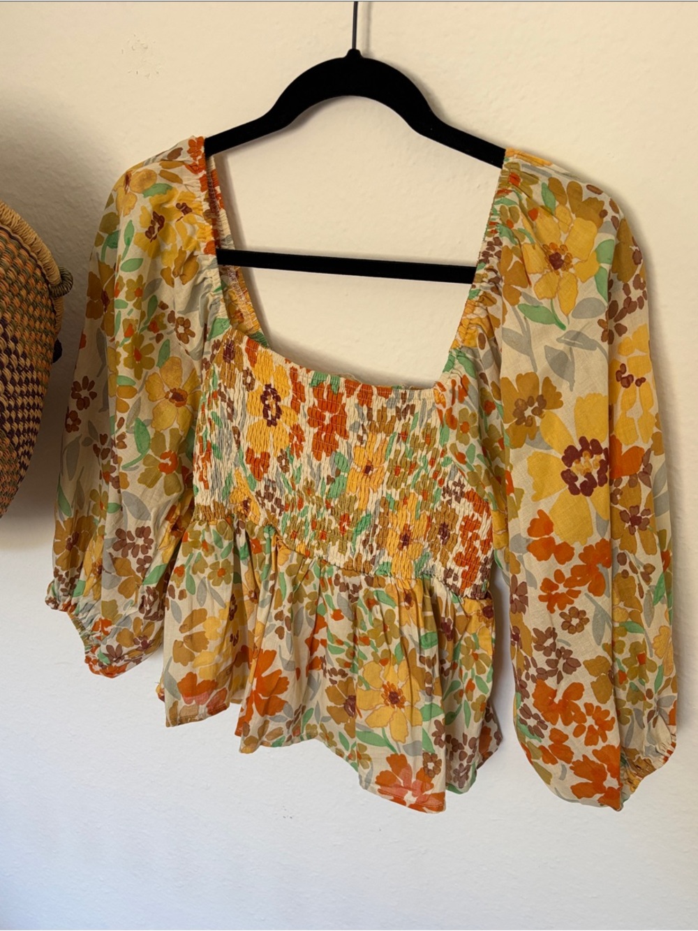 By Together Yellow Multi Floral Smocked Square-Neck Peasant Top